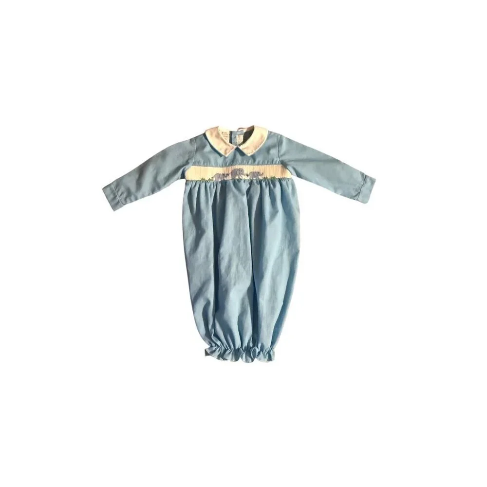 Collection Vive La Fete Baby Blue Long-Sleeve Smocked bubble Gown With Elephant